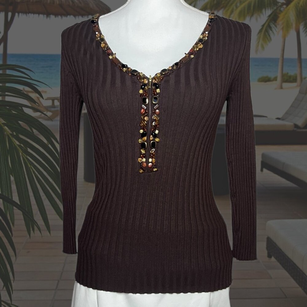 Belldini Women Medium Brown Ribbed Knit Sweater Top Gem Beaded Neckline Boho Y2K